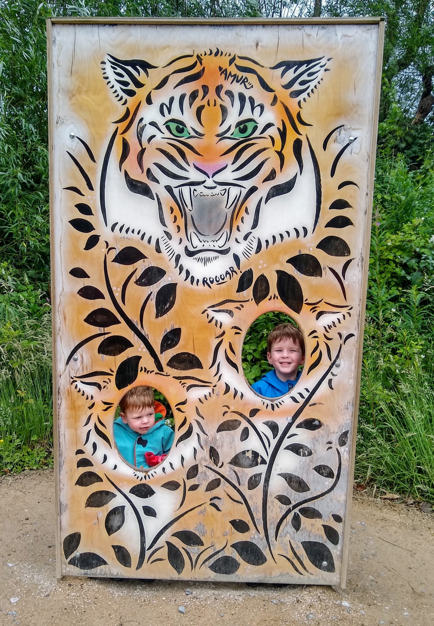Two boys pose in a tiger photo booth. There is a painted picture of a tiger with two holes cut out for their faces to go through. The post is about my experience with mental health. Are you ok? Don't be afraid to seek help no matter how scary it feels. The world is a better place with you in it.