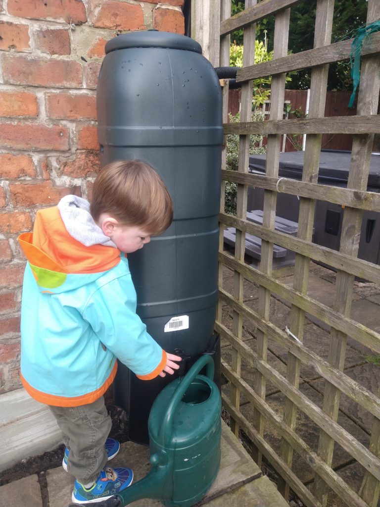 A toddler filling up a watering can from a water butt