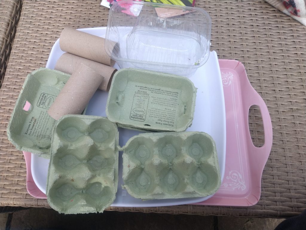 A try of egg boxes, plastic containers and toilet rolls