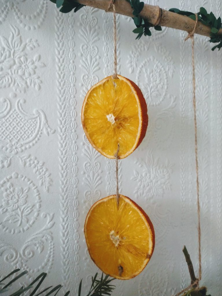 Two dried orange slices hang. They are tied with twine
