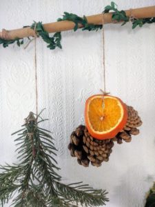 A dried sliced orange hangs with two pines cones. They are tied with twine