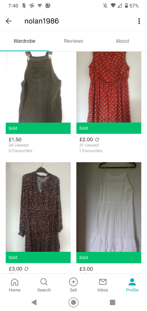 $ items of clothing with prices and sold written underneath them. From a selling site. a green cord pinafore, a orange dress, a black floral dress and a white spaghetti strap dress.